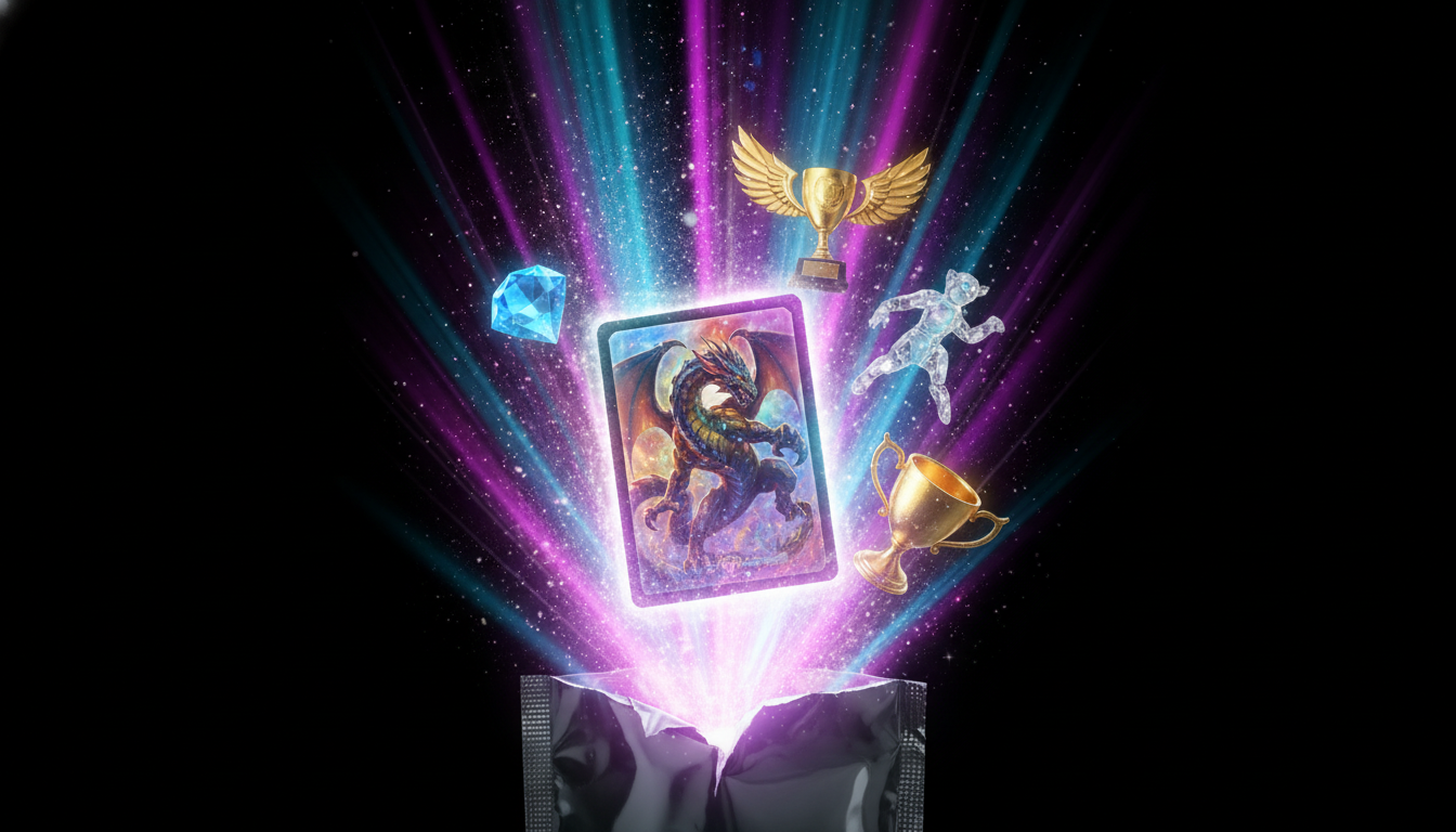 A collectible pack bursting open with light, revealing a rare holographic card and 3D collectibles: a gem, trophies and a crystal figurine
